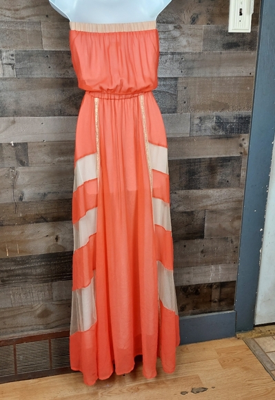 Arden B. Orange and Cream Strapless Maxi Dress - Picture 2 of 12